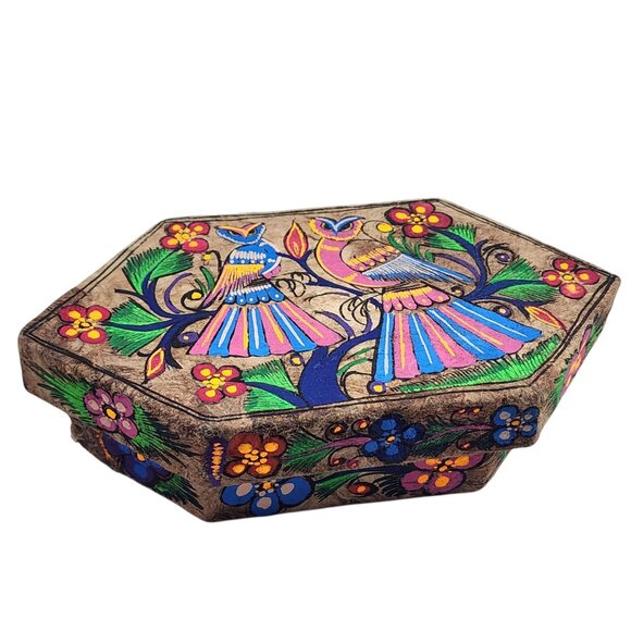 Vintage Hand Painted Cajas Taxco Boho Trinket Box Owl Decor Mexican Folk Art 7" - Picture 2 of 9
